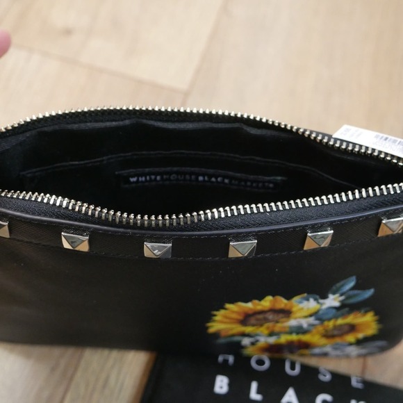 White House Black Market Black Sunflower Floral Studded Wristlet Clutch Bag NWT - Picture 7 of 7
